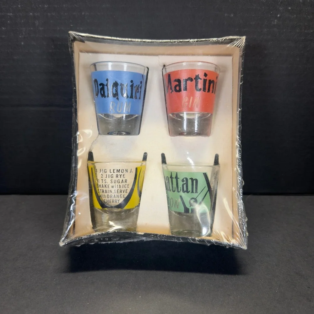Vintage Federal Glass Rumpus Set S-314 4 Shot Glasses NOS New Old Stock Boxed